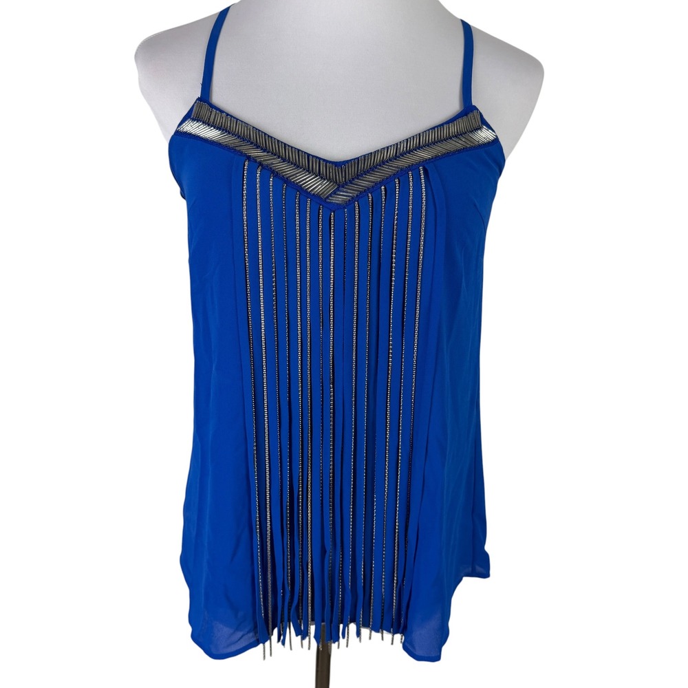 XOXO Women's Small Royal Blue Beaded‎ Chain Fringe Cami Top Adjustable Straps